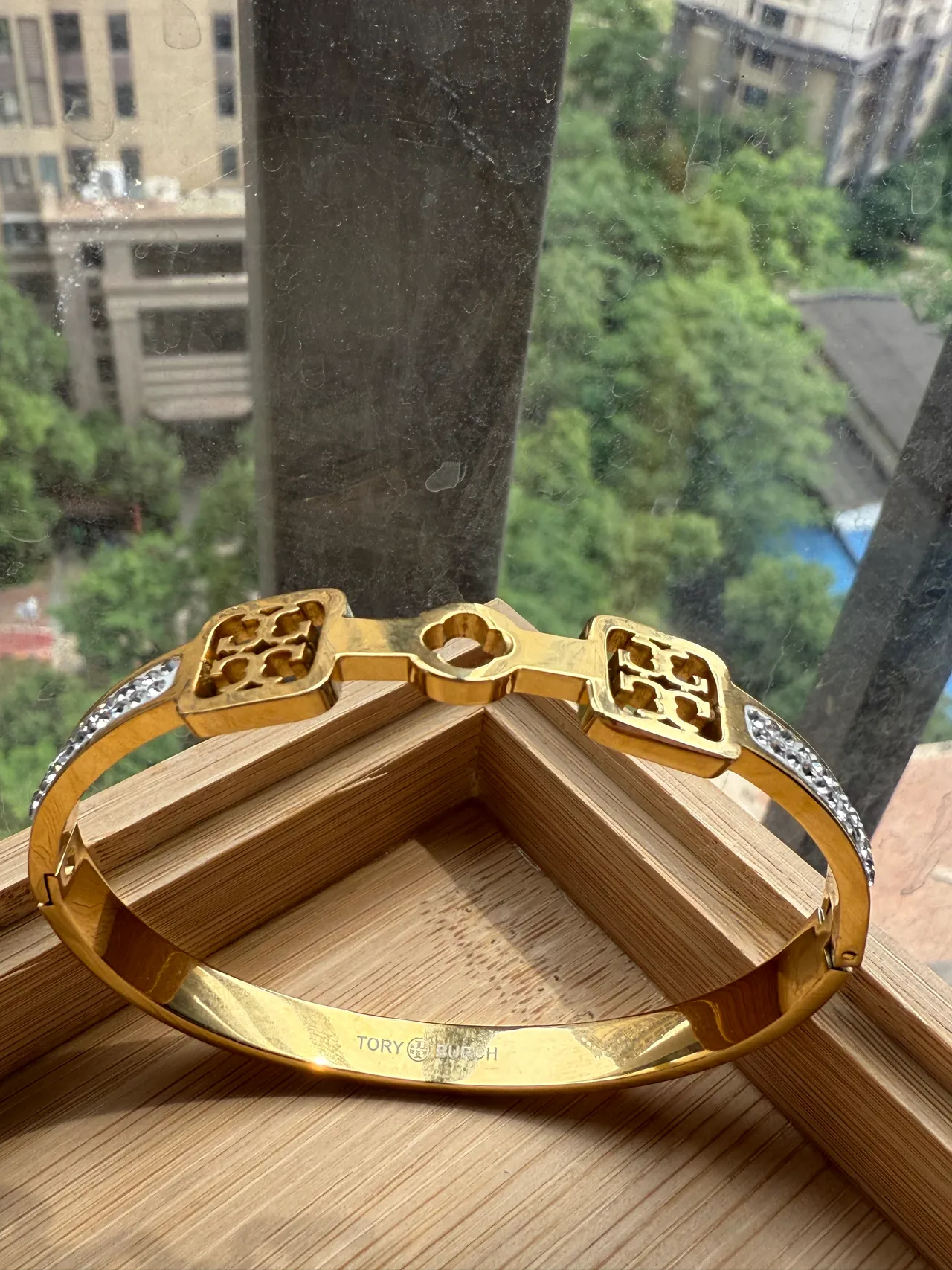 Gold-Tone Pavé Crystal Hinged Bangle Bracelet 12