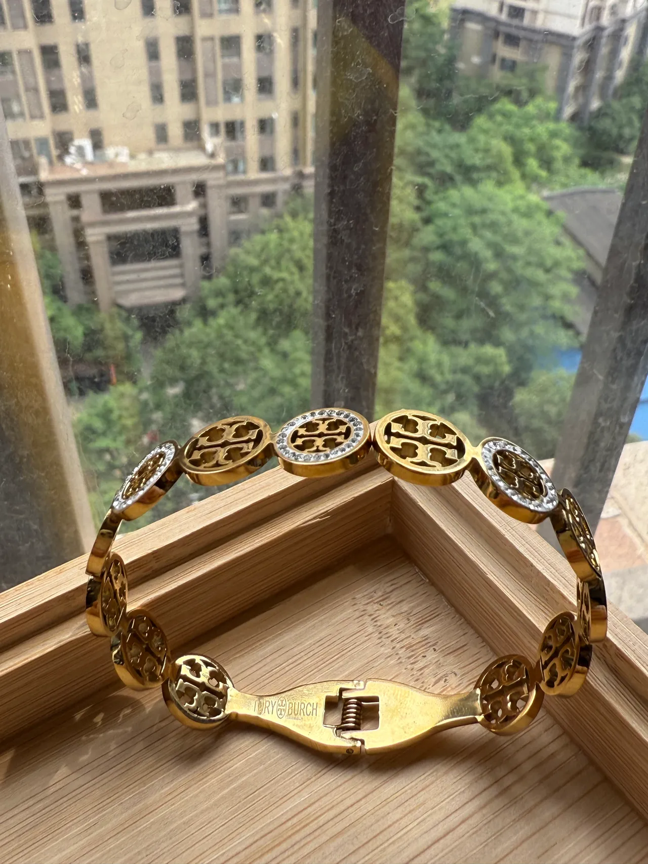 Gold-Tone Pavé Crystal Hinged Bangle Bracelet 14