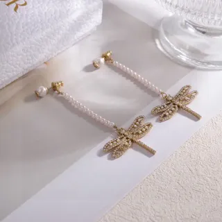 Gold-Tone Pearl Strand Crystal Dragonfly Dangling Earrings