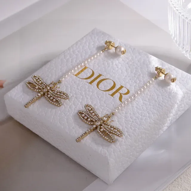 Gold-Tone Pearl Strand Crystal Dragonfly Dangling Earrings 2