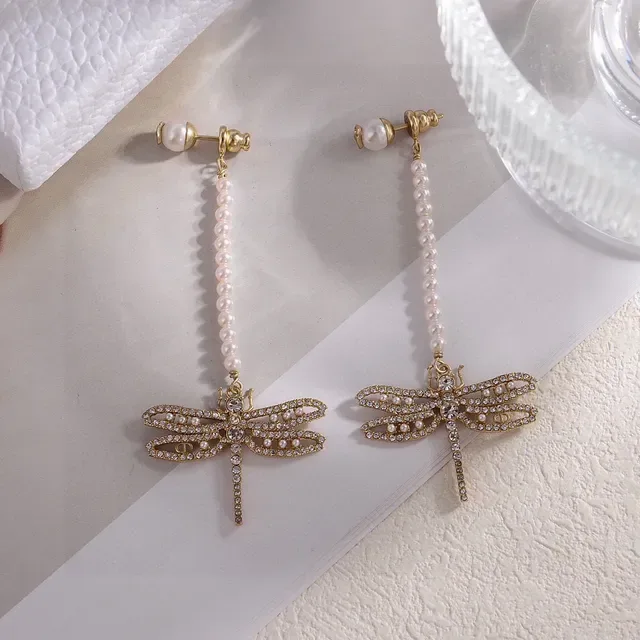 Gold-Tone Pearl Strand Crystal Dragonfly Dangling Earrings 3