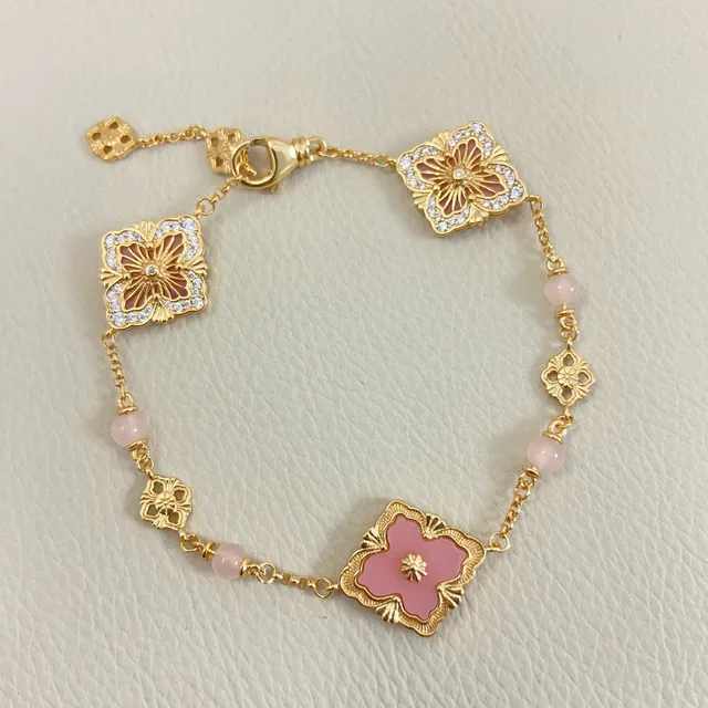 Gold-Tone Pink Enamel Floral Chain Bracelet 2