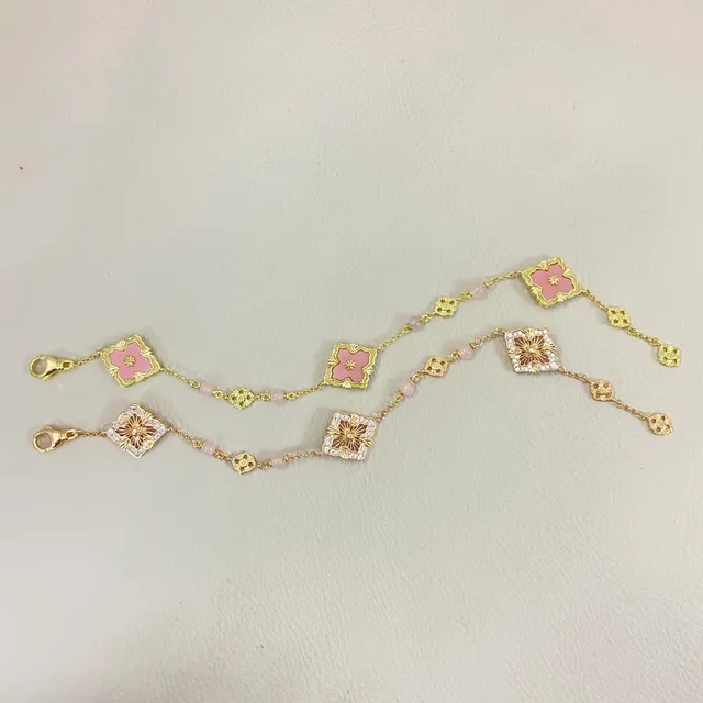 Gold-Tone Pink Enamel Floral Chain Bracelet 3