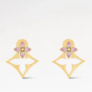 Gold-Tone Pink Gem Floral Motif Openwork Earrings