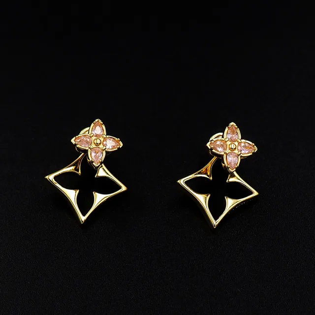 Gold-Tone Pink Gem Floral Motif Openwork Earrings 2