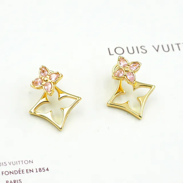 Gold-Tone Pink Gem Floral Motif Openwork Earrings 5