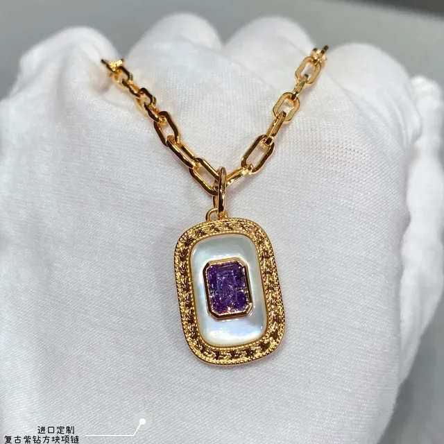 Gold-Tone Rectangular Opal-Inlay Purple Gem Pendant Necklace 2