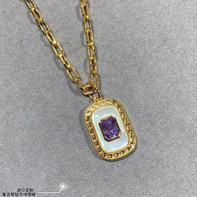 Gold-Tone Rectangular Opal-Inlay Purple Gem Pendant Necklace 3
