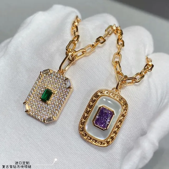 Gold-Tone Rectangular Opal-Inlay Purple Gem Pendant Necklace 4