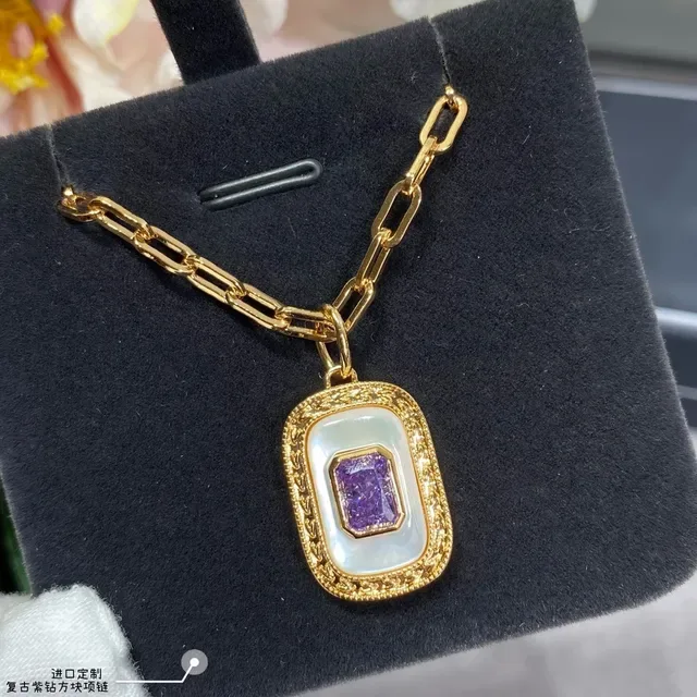 Gold-Tone Rectangular Opal-Inlay Purple Gem Pendant Necklace 6