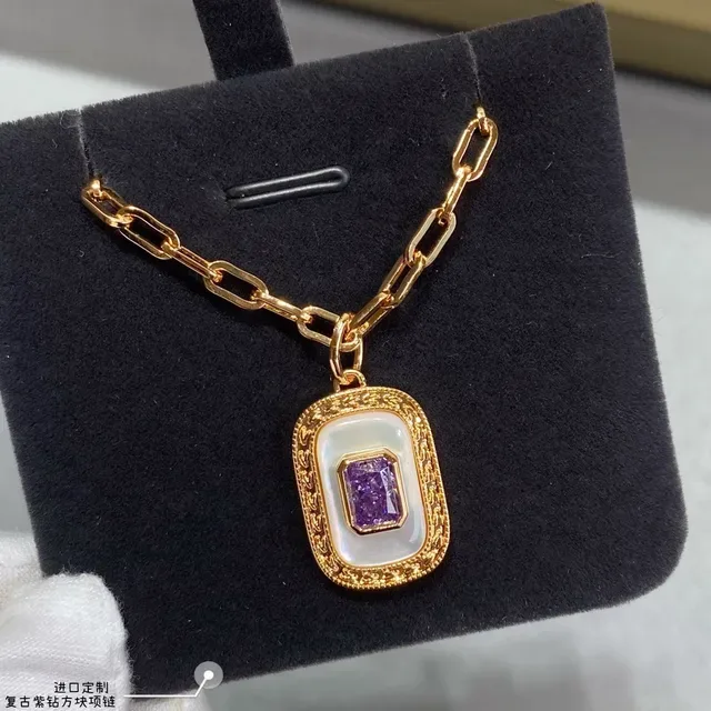 Gold-Tone Rectangular Opal-Inlay Purple Gem Pendant Necklace 7