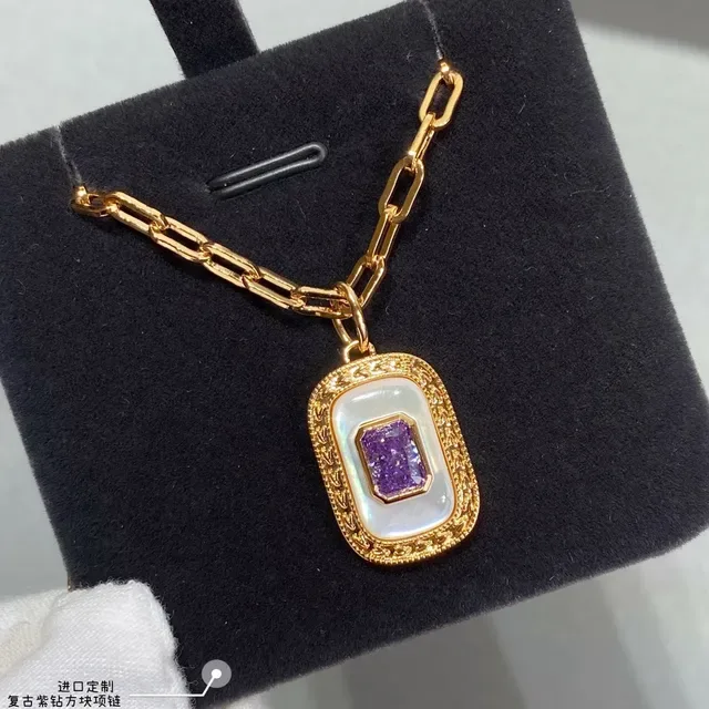 Gold-Tone Rectangular Opal-Inlay Purple Gem Pendant Necklace 8