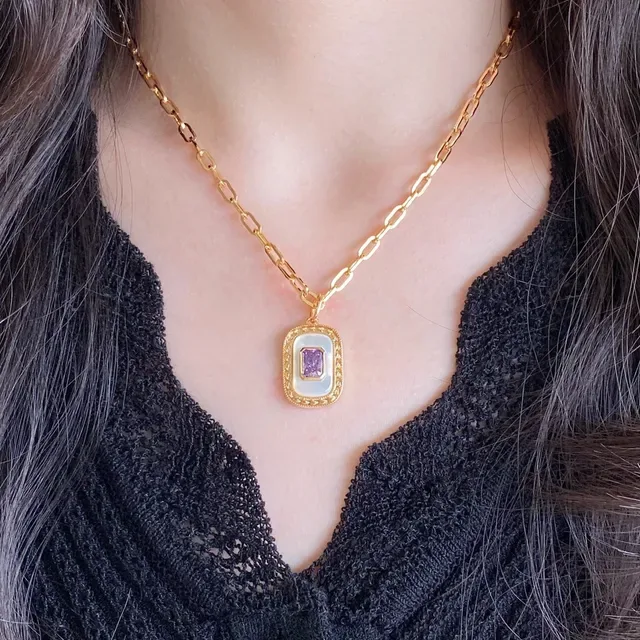 Gold-Tone Rectangular Opal-Inlay Purple Gem Pendant Necklace 9