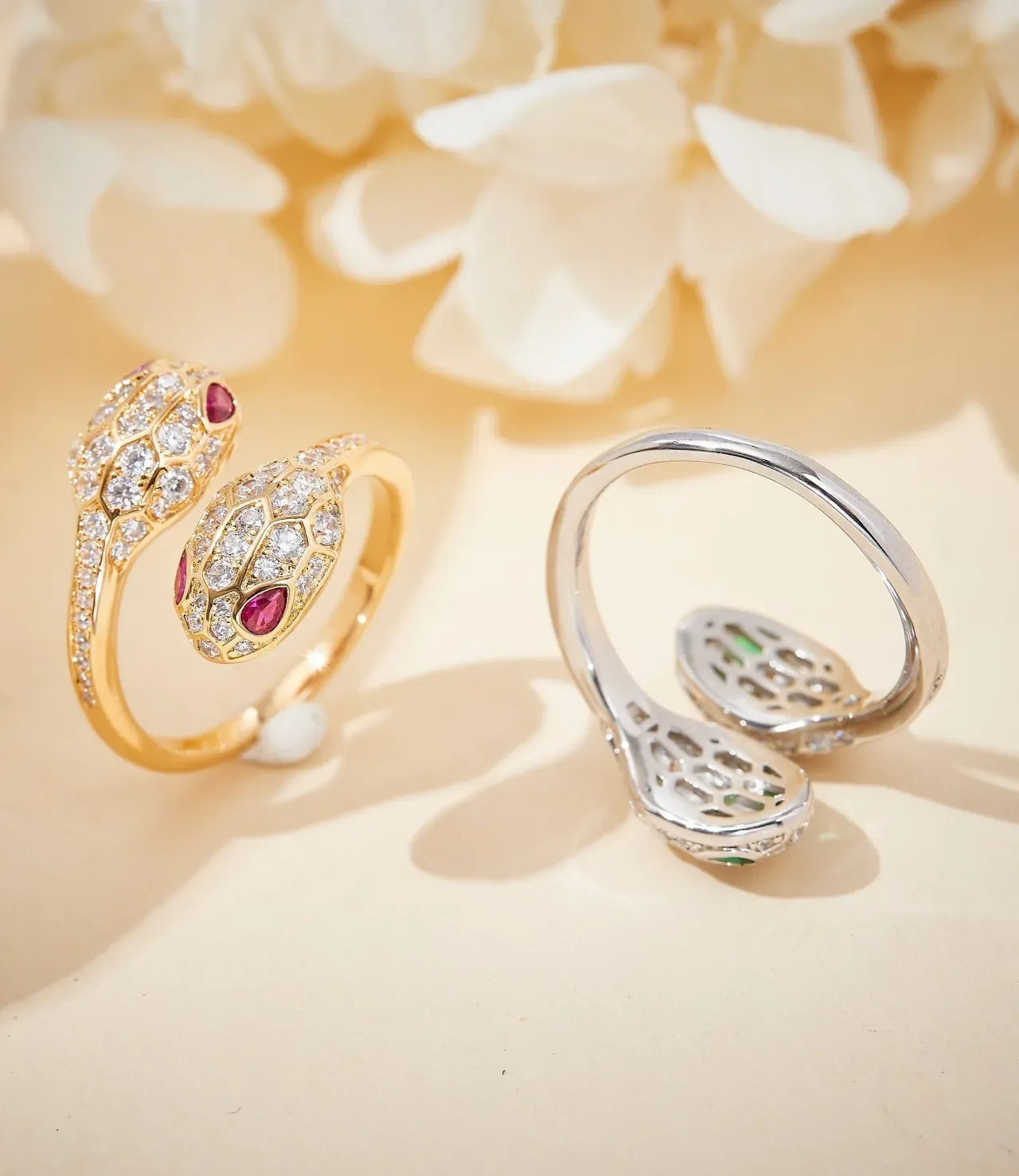 Gold-Tone Snake Motif Pavé-Set Red and Clear Stone Open Ring 2
