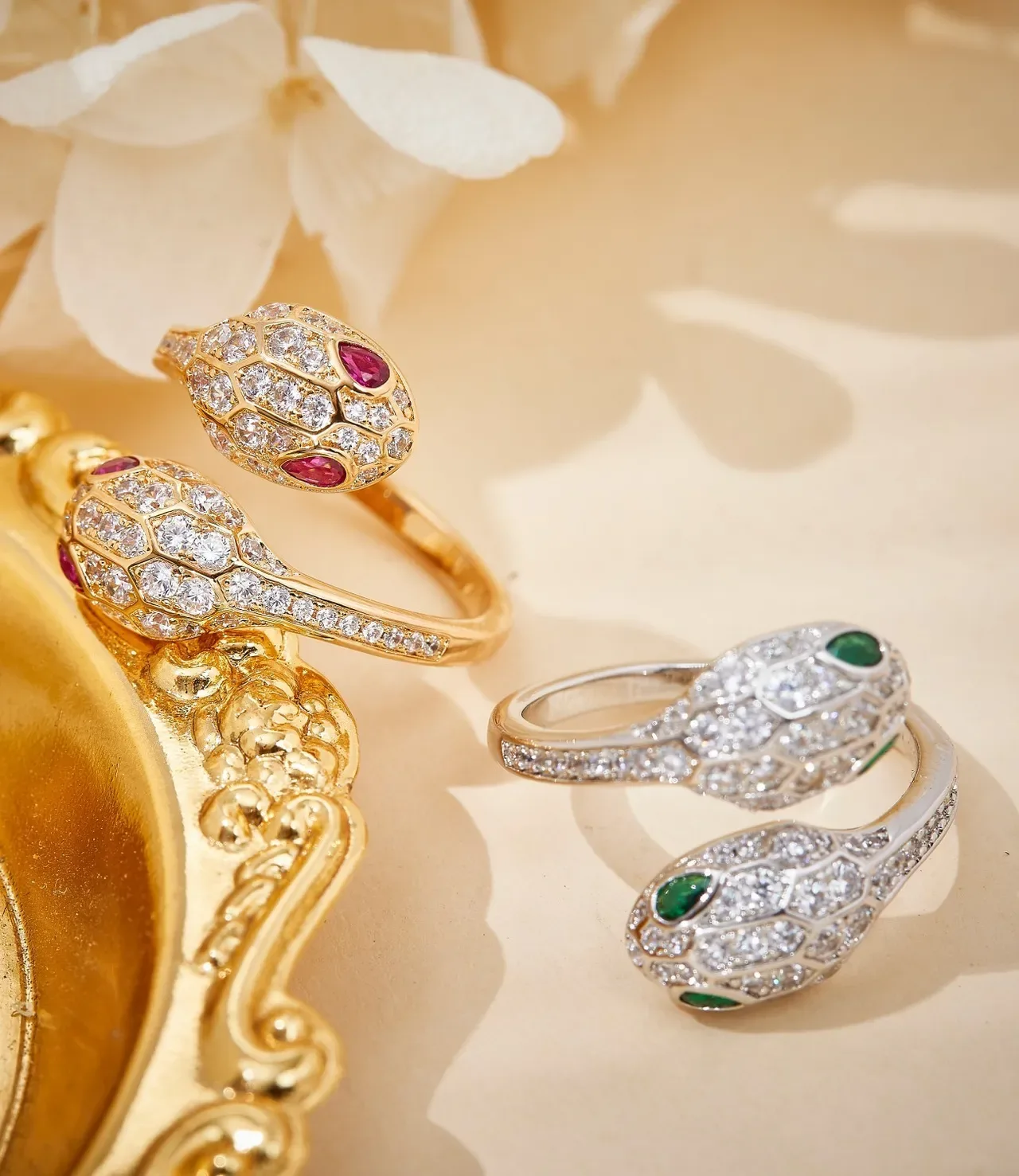Gold-Tone Snake Motif Pavé-Set Red and Clear Stone Open Ring 4