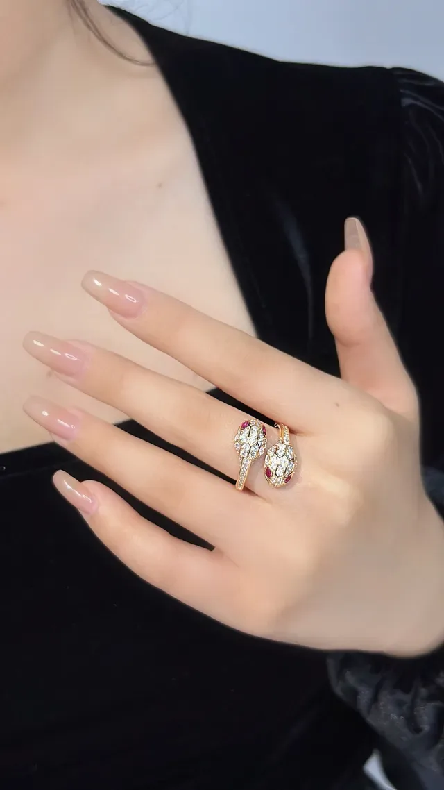 Gold-Tone Snake Motif Pavé-Set Red and Clear Stone Open Ring 7