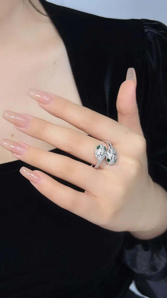 Gold-Tone Snake Motif Pavé-Set Red and Clear Stone Open Ring 8