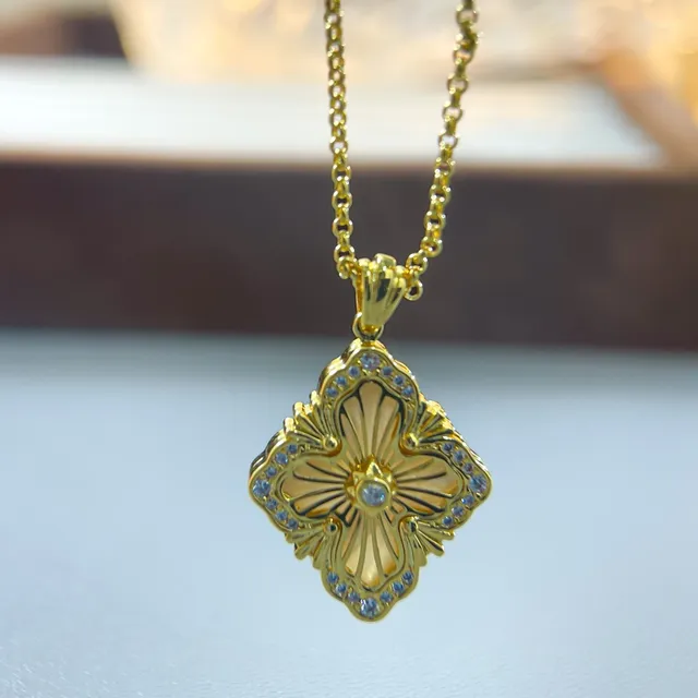 Gold-Tone Square Floral Enamel Pendant Necklaces 2