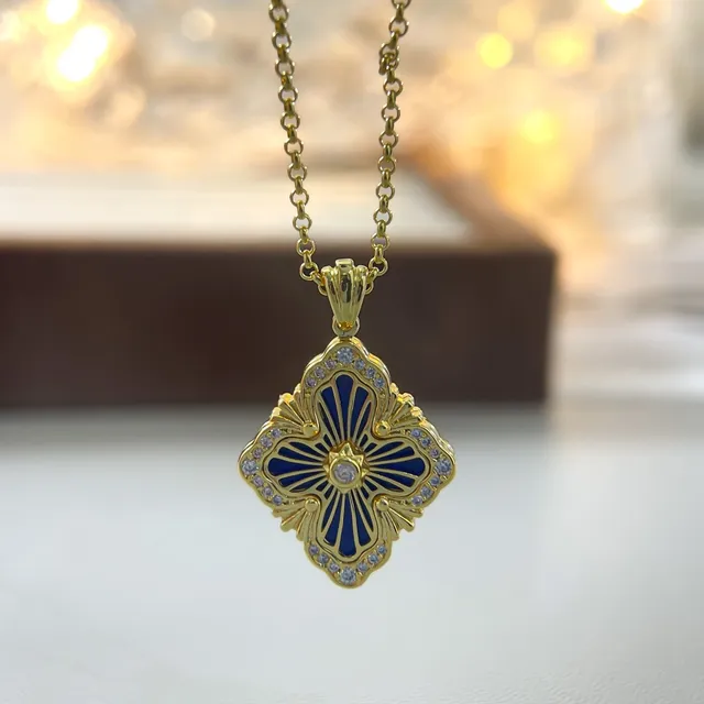 Gold-Tone Square Floral Enamel Pendant Necklaces 3
