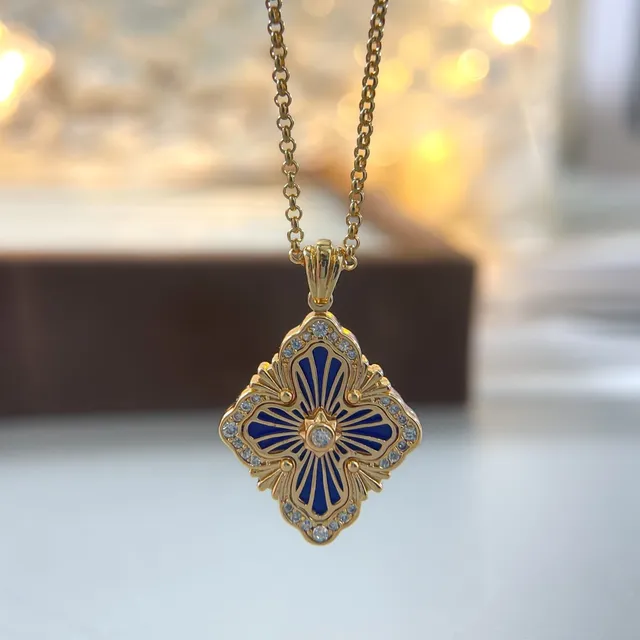 Gold-Tone Square Floral Enamel Pendant Necklaces 4