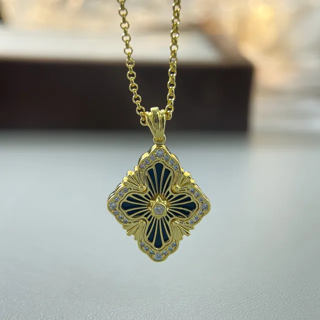 Gold-Tone Square Floral Enamel Pendant Necklaces 5