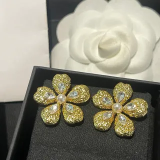 Gold-Tone Textured Floral Pearl and Crystal Earrings