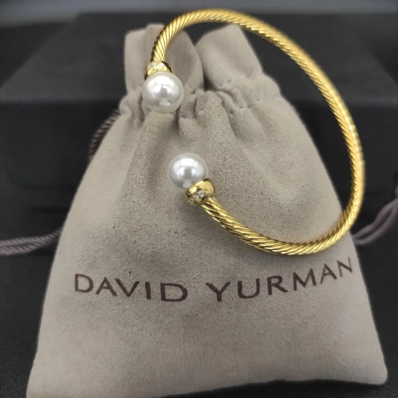 Gold-Toned Twisted Cable Pearl-Ended Open Cuff Bracelet 3
