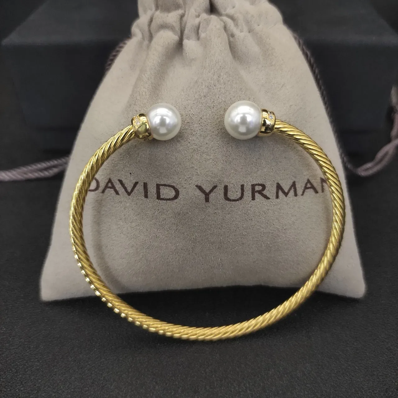Gold-Toned Twisted Cable Pearl-Ended Open Cuff Bracelet 4