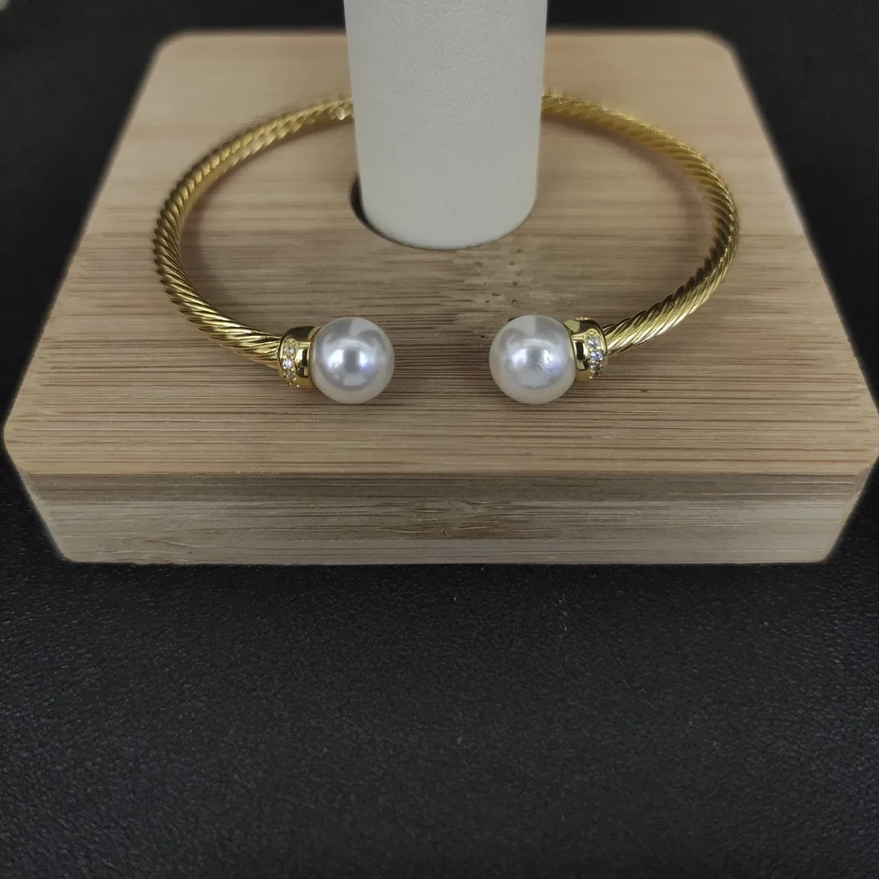 Gold-Toned Twisted Cable Pearl-Ended Open Cuff Bracelet 8