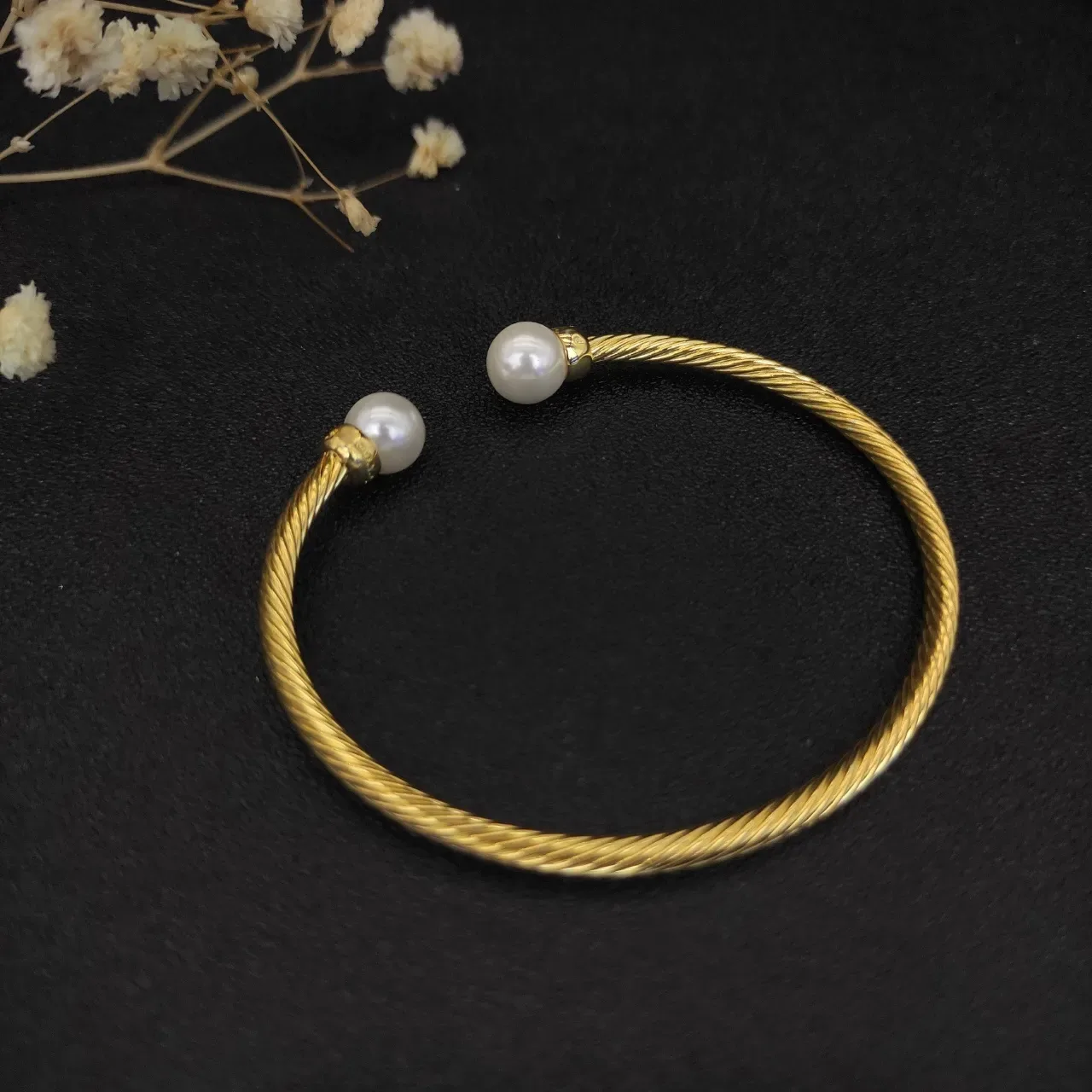 Gold-Toned Twisted Cable Pearl-Ended Open Cuff Bracelet 9
