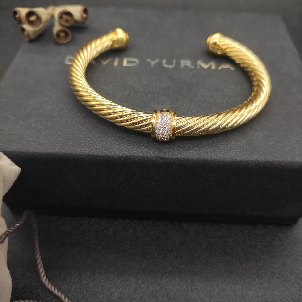 Gold Twisted Cable Pavé Stone Open Cuff Bracelet 2