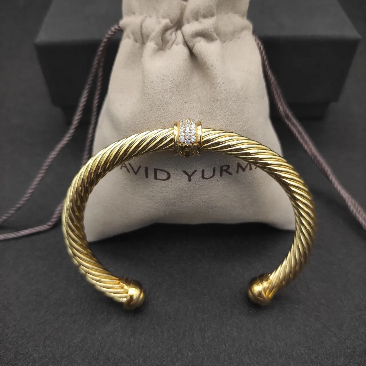 Gold Twisted Cable Pavé Stone Open Cuff Bracelet 3