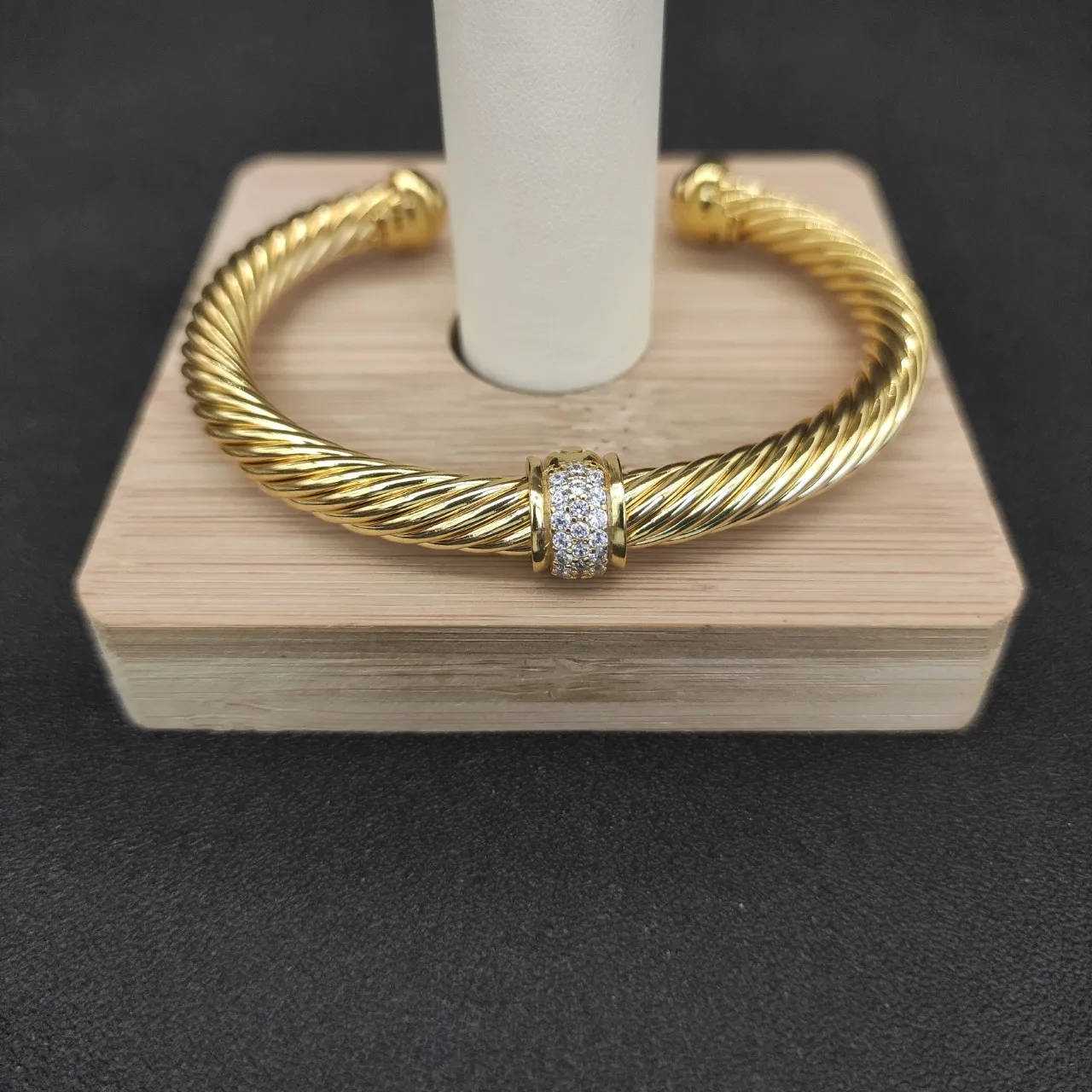 Gold Twisted Cable Pavé Stone Open Cuff Bracelet 6