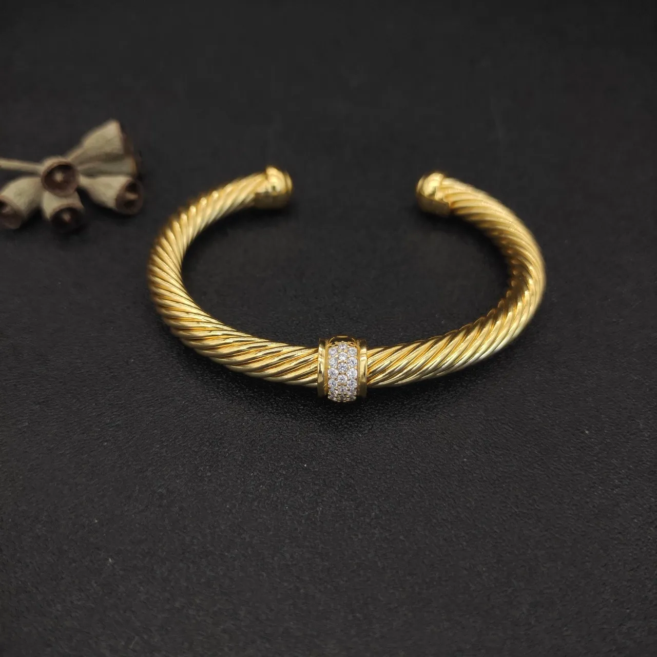 Gold Twisted Cable Pavé Stone Open Cuff Bracelet 8