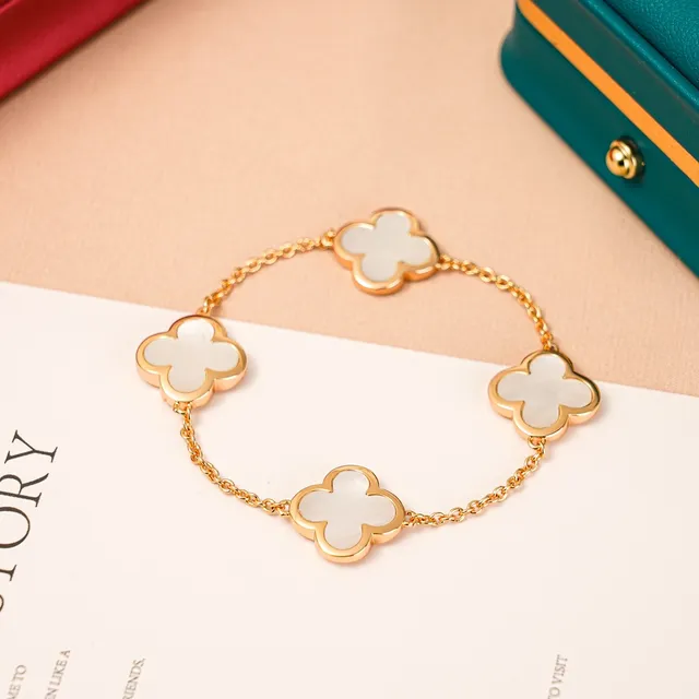 Gold White Chain Four Clover-Shaped Charms Bracelet 2
