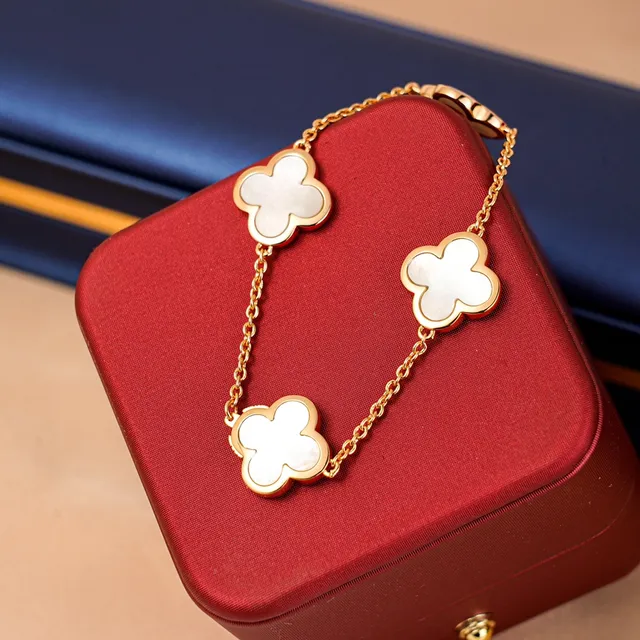 Gold White Chain Four Clover-Shaped Charms Bracelet 3