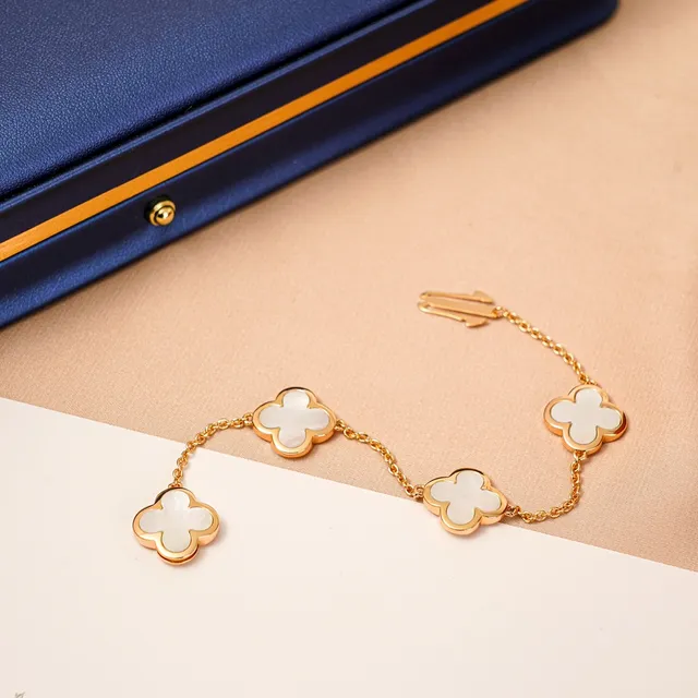 Gold White Chain Four Clover-Shaped Charms Bracelet 4