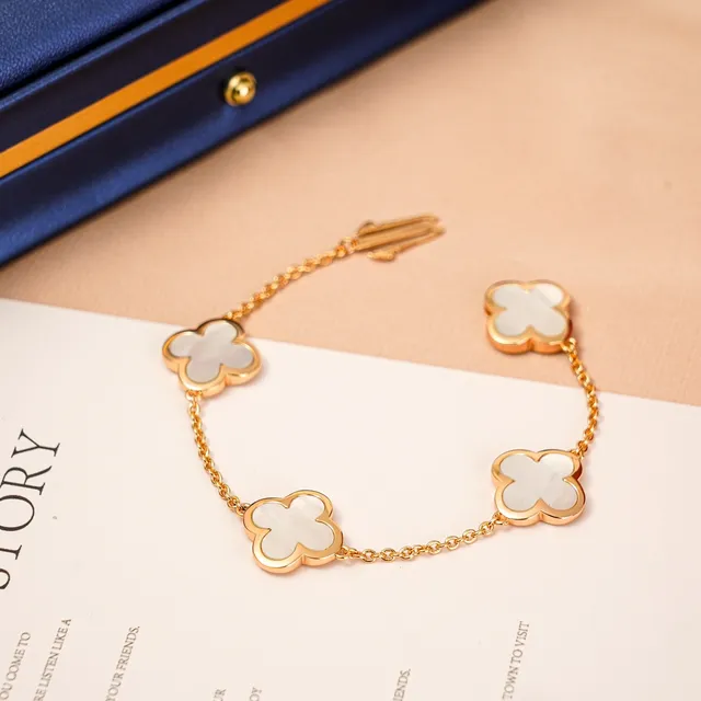 Gold White Chain Four Clover-Shaped Charms Bracelet 5