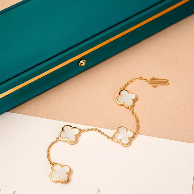 Gold White Chain Four Clover-Shaped Charms Bracelet 9