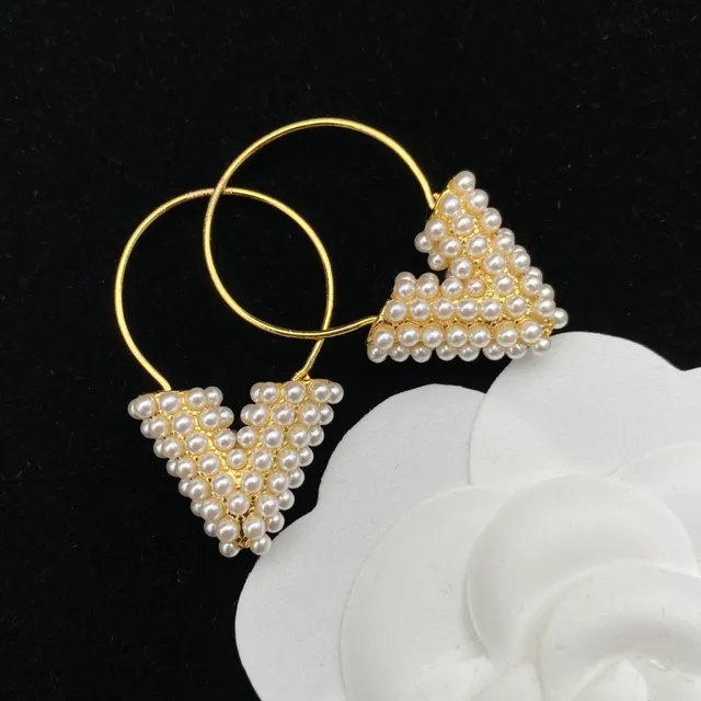 Gold White Hoop Pearl-Embellished Triangle Earrings 3