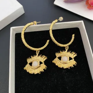 Gold White Textured Hoop Eye Motif Pendant Earrings