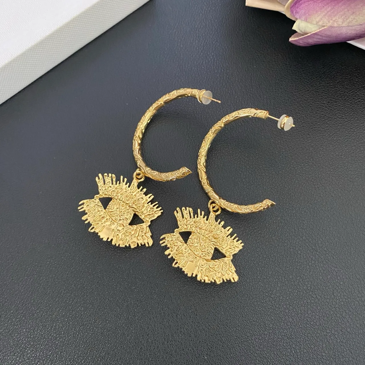 Gold White Textured Hoop Eye Motif Pendant Earrings 2