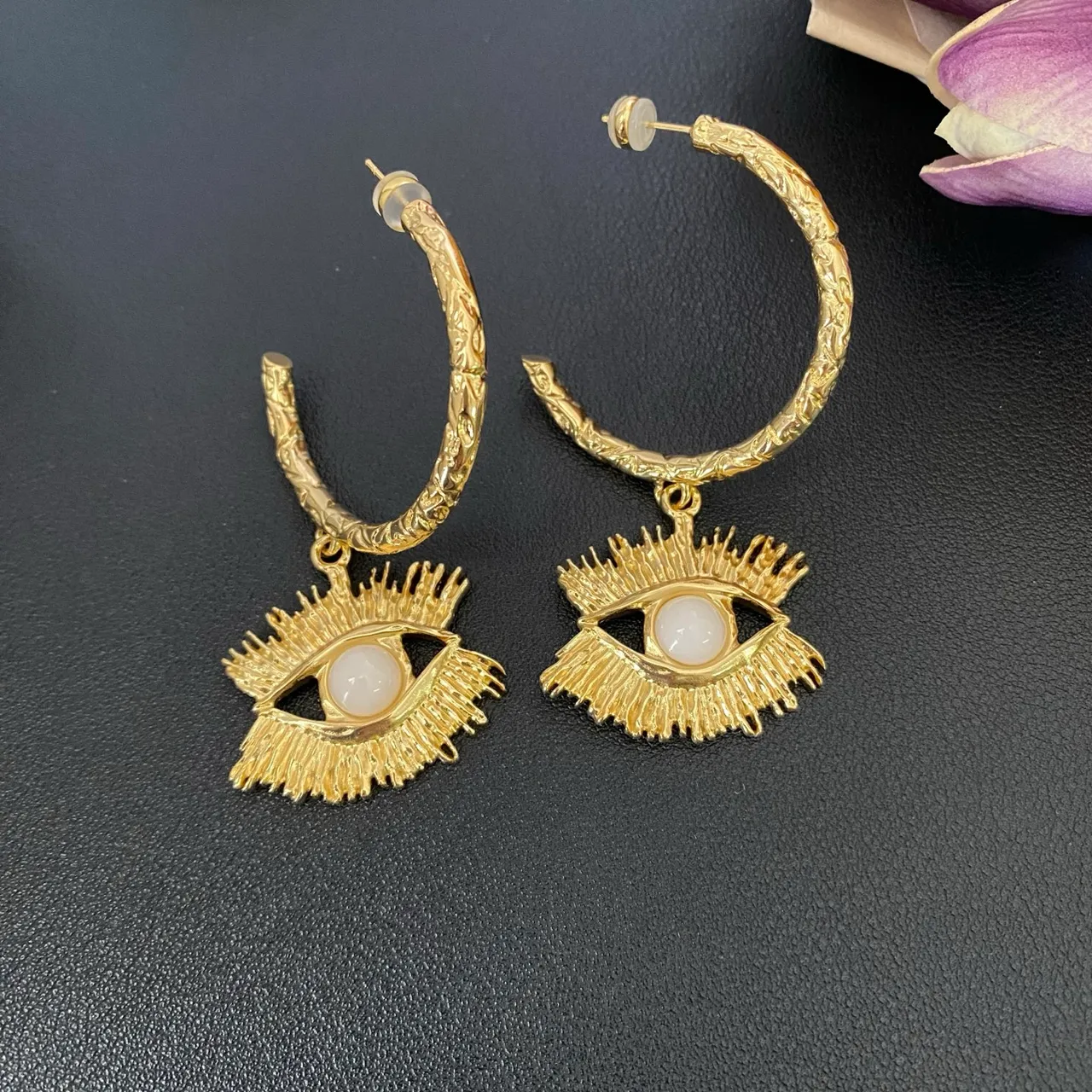 Gold White Textured Hoop Eye Motif Pendant Earrings 3