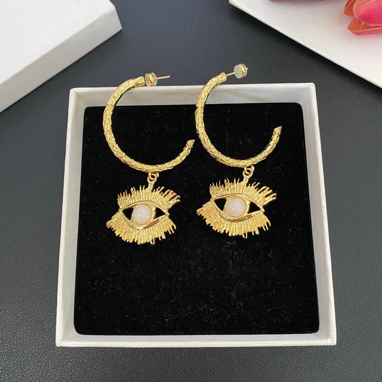 Gold White Textured Hoop Eye Motif Pendant Earrings 7