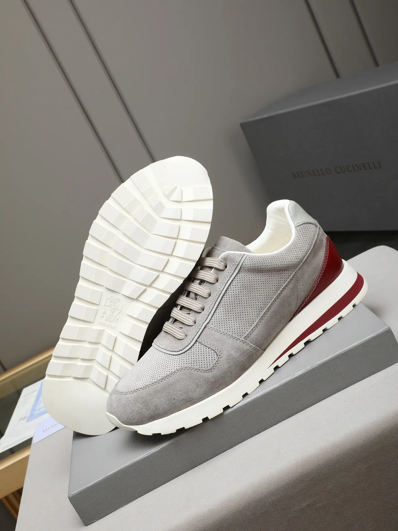 Gray and Red Perforated Suede Retro Runner Lifestyle Sneakers 4