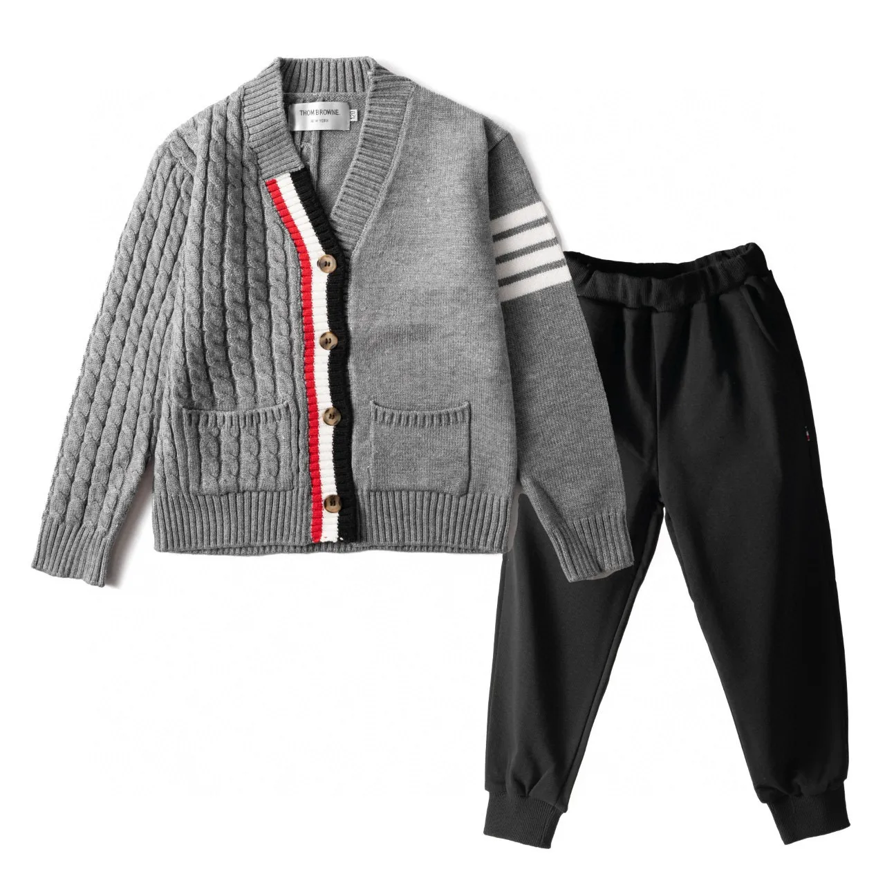 Gray Black Cable Knit Striped Trim Cardigan 10