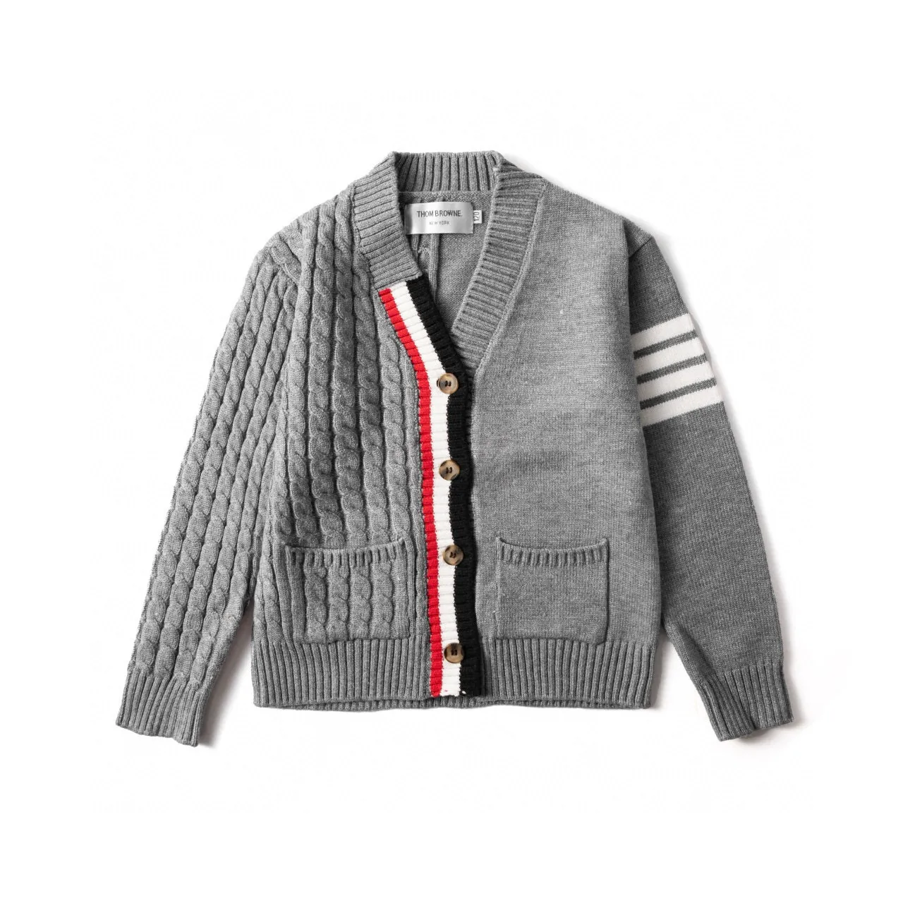 Gray Black Cable Knit Striped Trim Cardigan 11