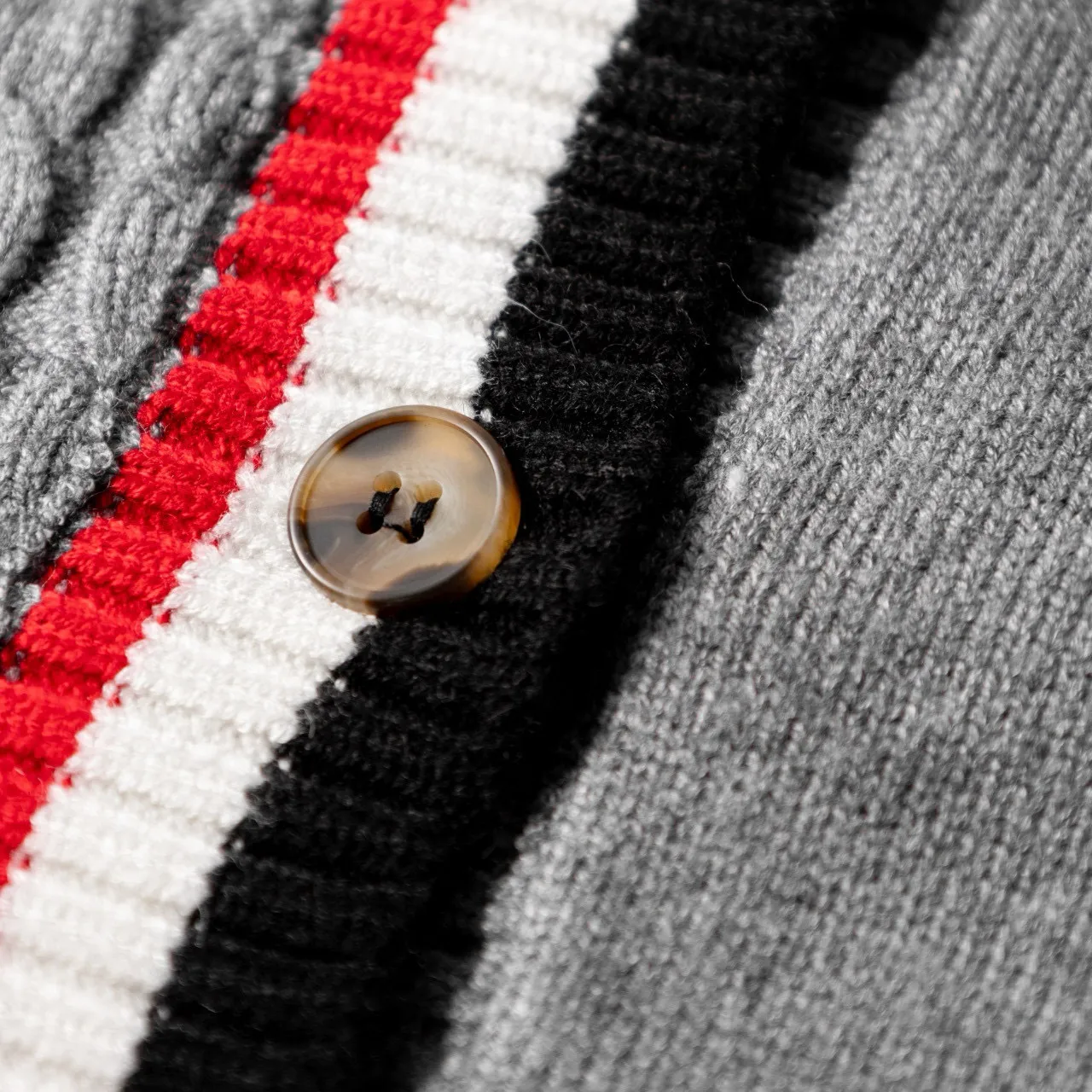Gray Black Cable Knit Striped Trim Cardigan 14