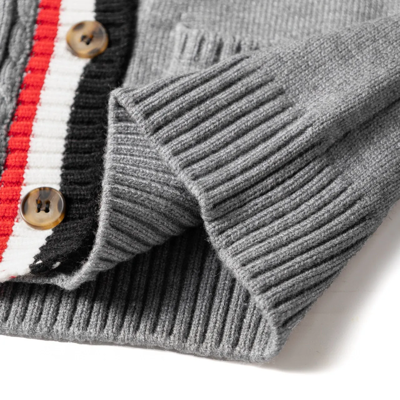 Gray Black Cable Knit Striped Trim Cardigan 17