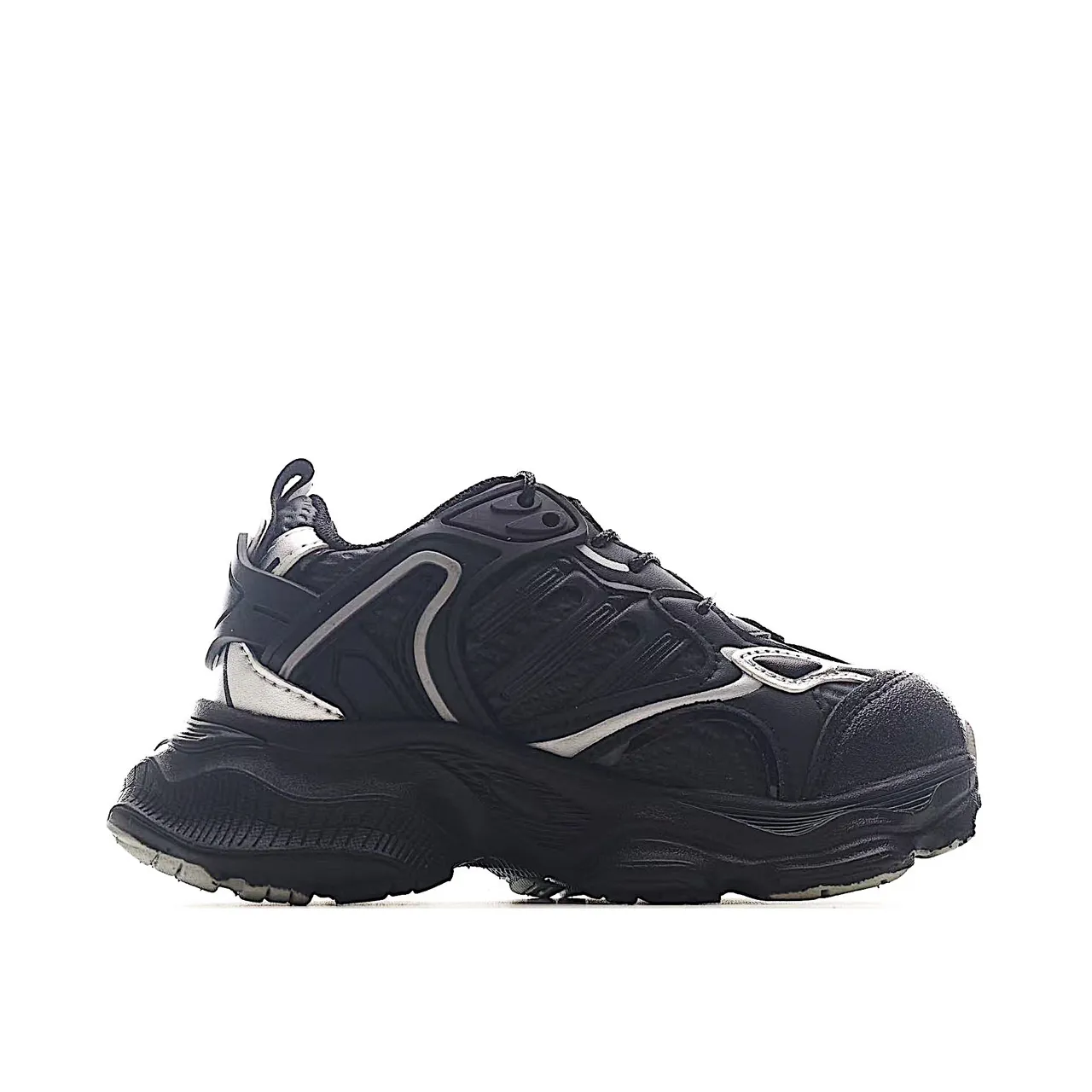 Gray Black Oversized Sole Layered Synthetic Overlays Chunky Sneakers 23